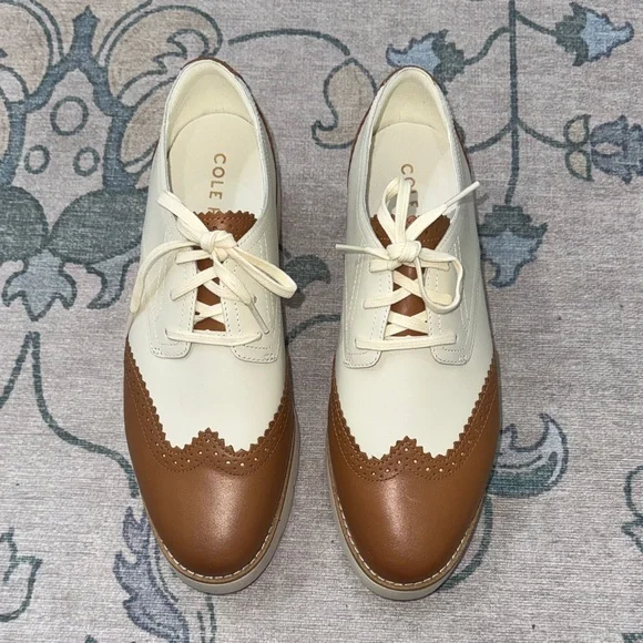 Cole Haan Women's Grand City Playform Cream and Brown Lace-up Oxfords - Picture 1 of 6